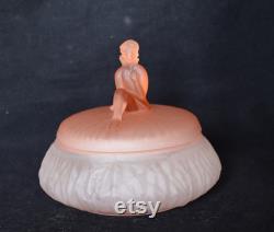 Pink Depression Era Glass Satin Frosted Lidded Powder Box with Art Deco Lady