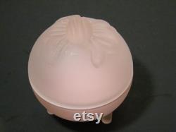 Pink Frosted Glass Powder Box with Raised Bow Design, Vintage footed Vanity Dish wish new Puff, No chips or cracks