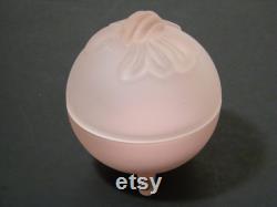 Pink Frosted Glass Powder Box with Raised Bow Design, Vintage footed Vanity Dish wish new Puff, No chips or cracks