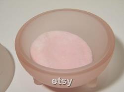 Pink Frosted Glass Powder Box with Raised Bow Design, Vintage footed Vanity Dish wish new Puff, No chips or cracks