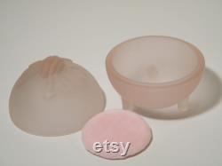 Pink Frosted Glass Powder Box with Raised Bow Design, Vintage footed Vanity Dish wish new Puff, No chips or cracks