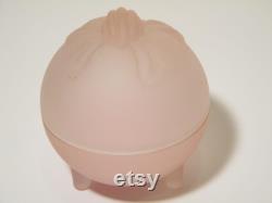 Pink Frosted Glass Powder Box with Raised Bow Design, Vintage footed Vanity Dish wish new Puff, No chips or cracks