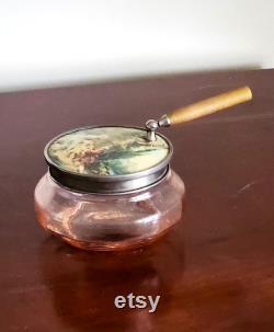 Pink Glass Powder Jar with Pocket Purse Mirror Lid, Made in Germany