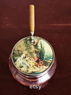 Pink Glass Powder Jar with Pocket Purse Mirror Lid, Made in Germany