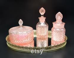 Pink Glass Vanity Set, Raised Diamond Pattern Glass, Mirrored Tray