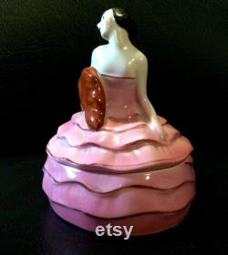 Pink and Red Art Deco Style Half Doll Lady Powder Box Covered Jar Porcelain