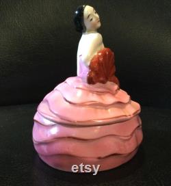 Pink and Red Art Deco Style Half Doll Lady Powder Box Covered Jar Porcelain