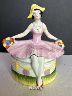 Porcelain Lady Powder Box 1920 Holding A Powder Puff Germany 5 1/2