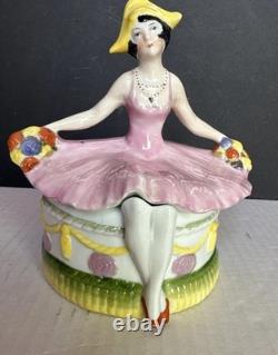 Porcelain Lady Powder Box 1920 Holding A Powder Puff Germany 5 1/2