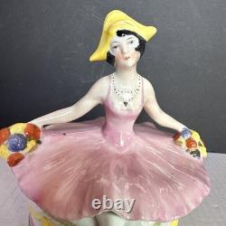Porcelain Lady Powder Box 1920 Holding A Powder Puff Germany 5 1/2