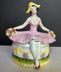 Porcelain Lady Powder Box 1920 Holding A Powder Puff Germany 5 1/2