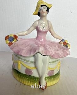 Porcelain Lady Powder Box 1920 Holding A Powder Puff Germany 5 1/2