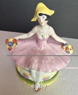 Porcelain Lady Powder Box 1920 Holding A Powder Puff Germany 5 1/2
