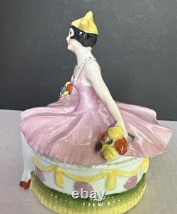 Porcelain Lady Powder Box 1920 Holding A Powder Puff Germany 5 1/2