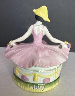 Porcelain Lady Powder Box 1920 Holding A Powder Puff Germany 5 1/2