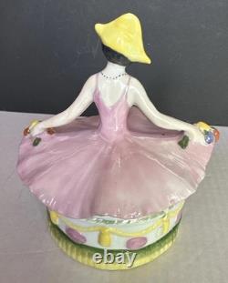 Porcelain Lady Powder Box 1920 Holding A Powder Puff Germany 5 1/2