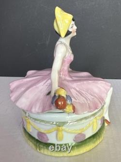 Porcelain Lady Powder Box 1920 Holding A Powder Puff Germany 5 1/2