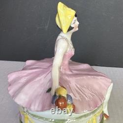 Porcelain Lady Powder Box 1920 Holding A Powder Puff Germany 5 1/2