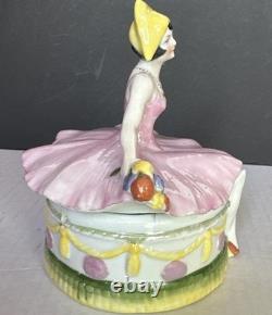 Porcelain Lady Powder Box 1920 Holding A Powder Puff Germany 5 1/2