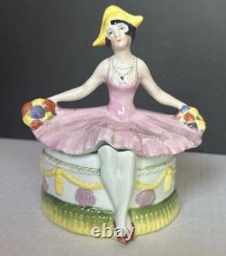 Porcelain Lady Powder Box 1920 Holding A Powder Puff Germany 5 1/2