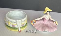 Porcelain Lady Powder Box 1920 Holding A Powder Puff Germany 5 1/2
