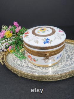 Porcelain Powder Dish Jar, Floral Design, Mirror Hand Painted, Ormolu, Vanity Storage, Germany