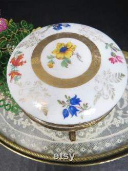 Porcelain Powder Dish Jar, Floral Design, Mirror Hand Painted, Ormolu, Vanity Storage, Germany