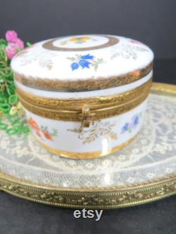 Porcelain Powder Dish Jar, Floral Design, Mirror Hand Painted, Ormolu, Vanity Storage, Germany
