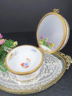 Porcelain Powder Dish Jar, Floral Design, Mirror Hand Painted, Ormolu, Vanity Storage, Germany