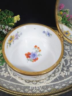 Porcelain Powder Dish Jar, Floral Design, Mirror Hand Painted, Ormolu, Vanity Storage, Germany