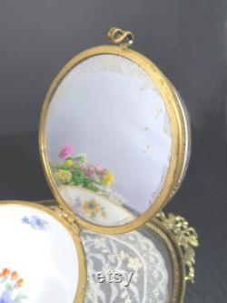 Porcelain Powder Dish Jar, Floral Design, Mirror Hand Painted, Ormolu, Vanity Storage, Germany