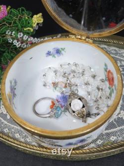 Porcelain Powder Dish Jar, Floral Design, Mirror Hand Painted, Ormolu, Vanity Storage, Germany