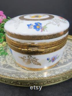 Porcelain Powder Dish Jar, Floral Design, Mirror Hand Painted, Ormolu, Vanity Storage, Germany