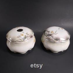 Porcelain Vanity Hair Receiver and Powder Bowl Set, Calla Lily Pattern, Vintage Antique Prussia Bavaria Style Lusterware, Victorian Decor