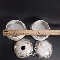 Porcelain Vanity Hair Receiver and Powder Bowl Set, Calla Lily Pattern, Vintage Antique Prussia Bavaria Style Lusterware, Victorian Decor