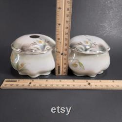 Porcelain Vanity Hair Receiver and Powder Bowl Set, Calla Lily Pattern, Vintage Antique Prussia Bavaria Style Lusterware, Victorian Decor