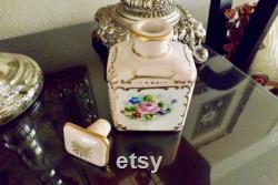 Porcelain Vanity Jar Bath Salts Container Bathroom Decor Soft Pink With Colorful Floral And Gold Design Hand Painted