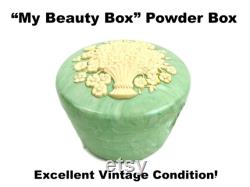 Powder Box My Beauty Box USA Plastic Floral Green Vanity Trinket Vintage