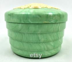 Powder Box My Beauty Box USA Plastic Floral Green Vanity Trinket Vintage