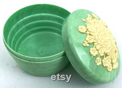 Powder Box My Beauty Box USA Plastic Floral Green Vanity Trinket Vintage