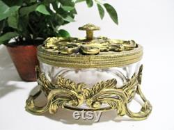 Powder Box, Ornate Gold, Hollywood Regency, Glass Insert, Heavy Ormolu Scrolling, Triple Footed, Vanity Decor, Excellent Condition