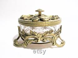 Powder Box, Ornate Gold, Hollywood Regency, Glass Insert, Heavy Ormolu Scrolling, Triple Footed, Vanity Decor, Excellent Condition