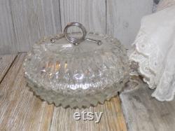 Powder Box Round Crystal, Crystal, Crystal Glass, Puff, HAS DAMAGE Dresser Decor, Bathroom Decor, Vintage Home Decor, Daysgonebytreasures y