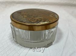 Powder Jar Art Deco 1940s with Tulip Design on Sides and Gold Tone Embossed Lid, 4 Glass Feet, Vanity Jar, 3.5 W, 1.75 Tall