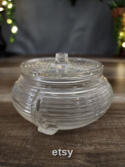 Powder Jar withLid, Vintage Anchor Hocking Ribbed Make-Up Powder Jar, Art Deco Powder Jar, Vanity Trinket Dish