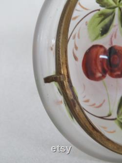 Powder Vanity Box Vintage Frosted Glass Hand Painted Cherries Brass Hinge 4051B