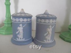 Pr Blue Trinket Containers with Covers Venetian Greece Blue Vanity Jars Trinket Containers Covers Grecian Wedgwood Blue Occupied Japan