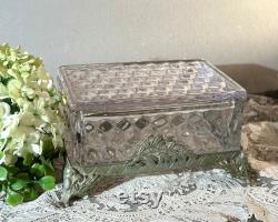 Pressed Glass Dresser Box, Glass Powder Box, Glass Jewelry, Glass Trinket Box, Vanity Decor, Glass Candy Box, Bathroom Decor