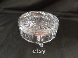 Pressed glass powder jar with three feet, vintage