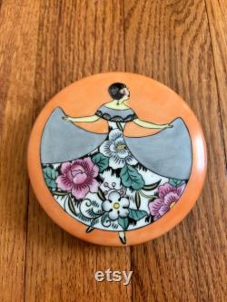 RARE 1930's Noritake Art Deco Hand Painted Powder Puff Box withFashion Lady, 3.63 Diameter, Backstamp 27.1 Red,Made in Japan,excellent colors